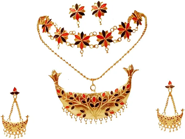 Assamese_Traditional_Gold_Plated_Red_Black_Colour_Combo_Jewellery_Set_For_Women